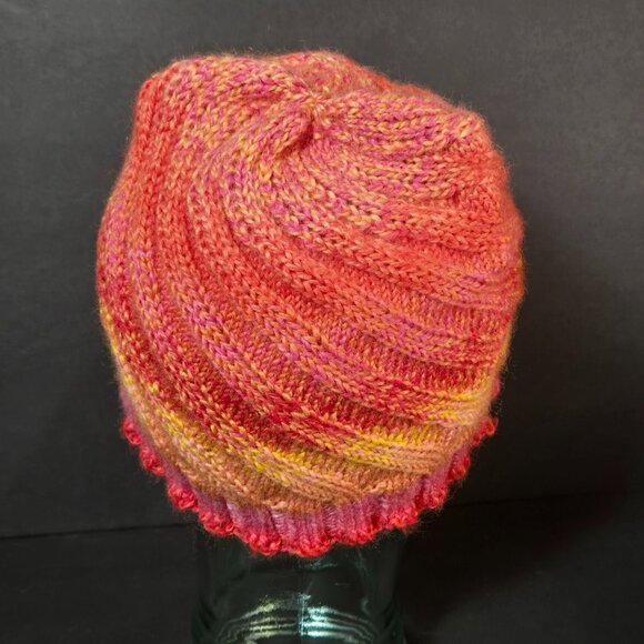 Handmade Knit Hat Pink & Orange Sunset Swirl Design Warm Winter Cap Wool Blend - Picture 4 of 7